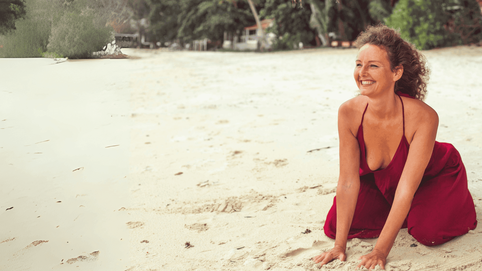 Maria Hoier in elegant red dress facilitating online intimacy workshop - Intelligent Intimacy background